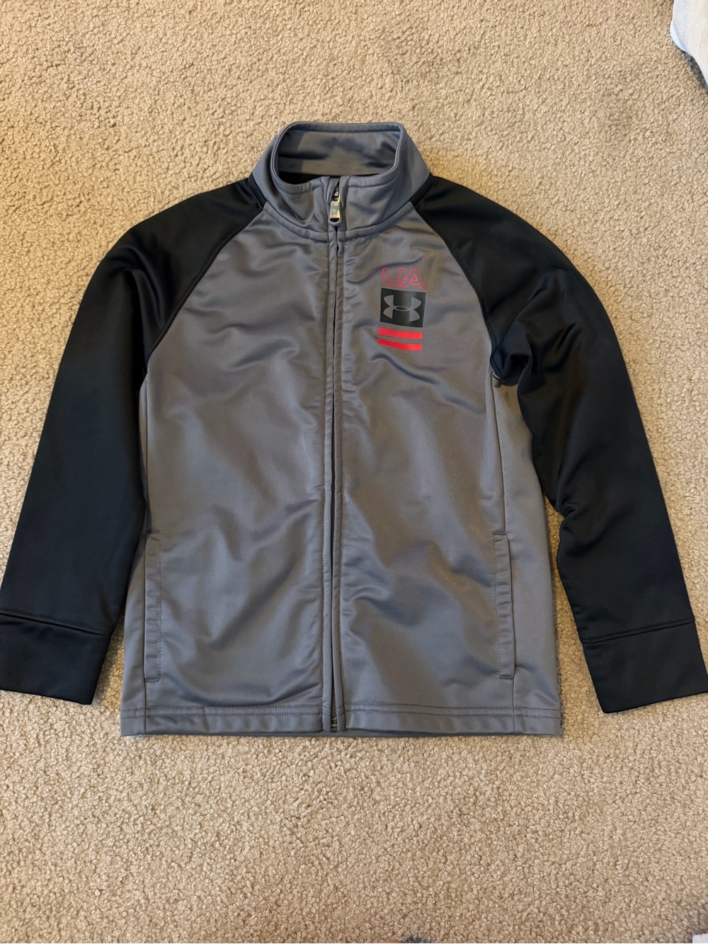 Under Armour Gray & Black Kids Full-Zip Athletic Jacket with Red Logo Accents
